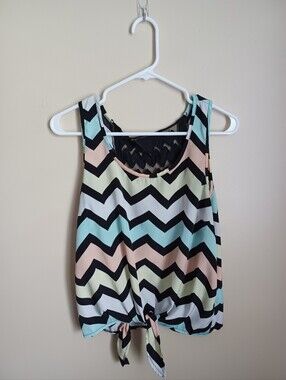 Women's Size Large Polyester Black Multicolor Design Tank Top Shirt Summer‎